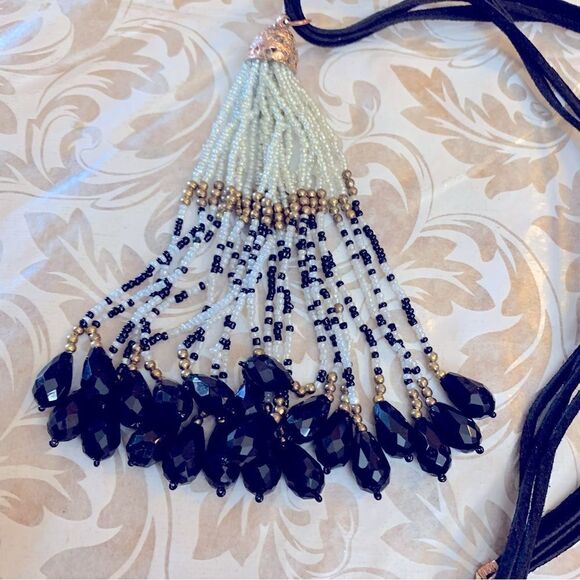 Seed Bead Tassel Necklace on 4 Black Strand Cord 30” Gorgeous - Picture 3 of 4